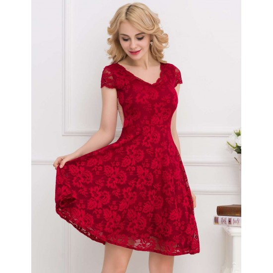 Lace Elegant Round Neck Red Bodycon Dress