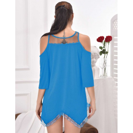 Blue Plus Size Hollow Shoulder Nightdress