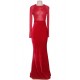 Mesh Red Lace Applique Velvet Maxi Dress