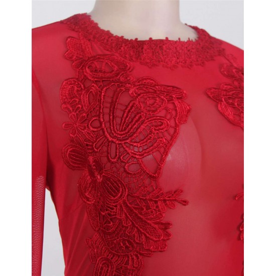 Mesh Red Lace Applique Velvet Maxi Dress