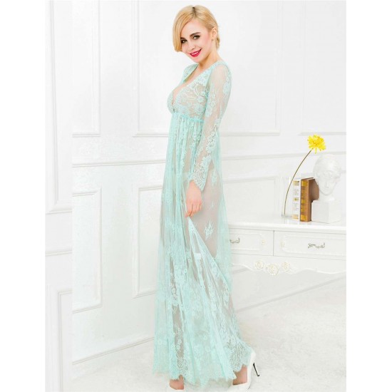 Green and Nude Lace Long Sleeve Maxi Dress