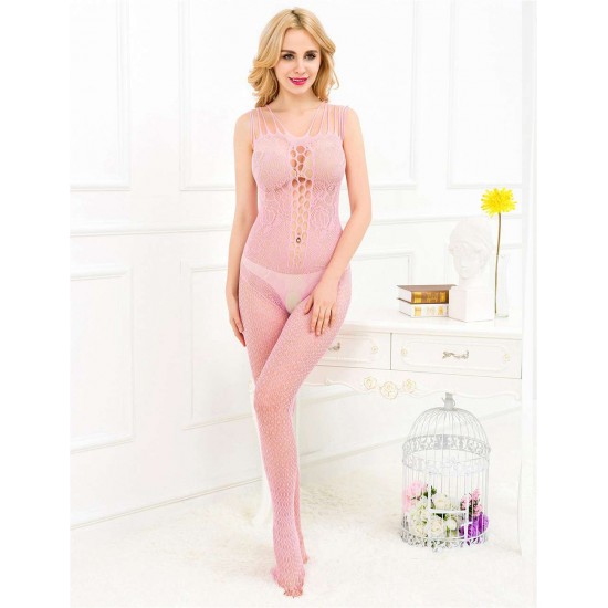 Pink Strappy Shoulder Open Crotch Bodystocking