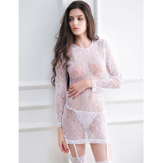 White Long Sleeve Floral Lace Chemise