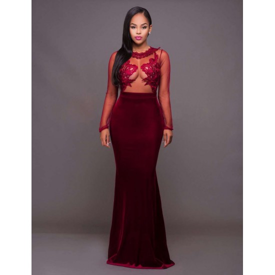 Mesh Red Lace Applique Velvet Maxi Dress