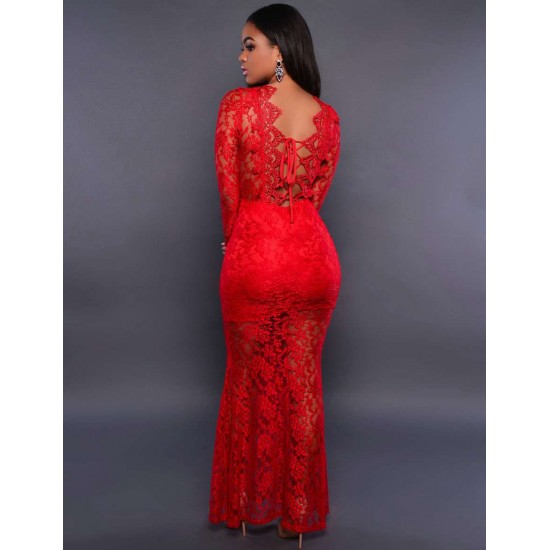 Beaming Red Lace Long Sleeve Croch Dress