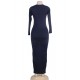 Deep-V Neckline Dark Blue Long Sleeve Maxi Dress