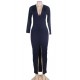 Deep-V Neckline Dark Blue Long Sleeve Maxi Dress