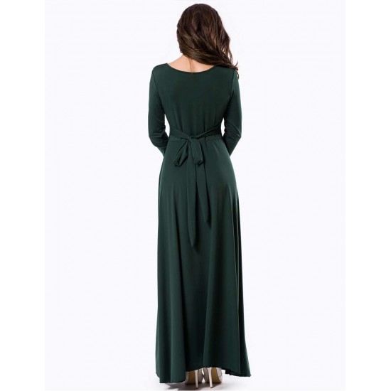 Emerald Belted V Neck Back Maxi Dress