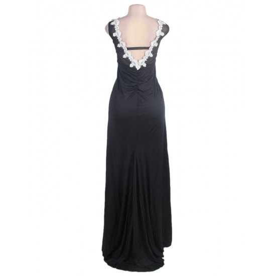 Black Embroidered Mesh Wrap Open Back Long Dress