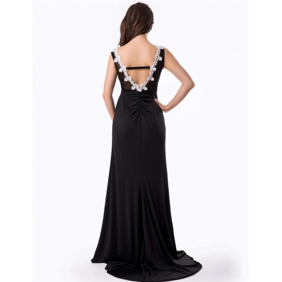 Black Embroidered Mesh Wrap Open Back Long Dress