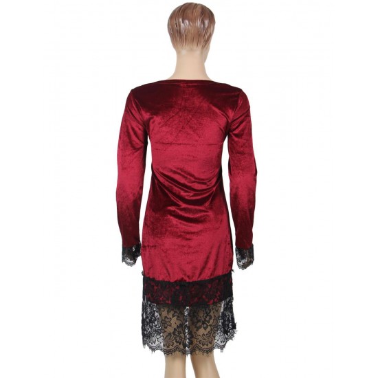 Velvet Lace Hem Sexy Red Details Dress