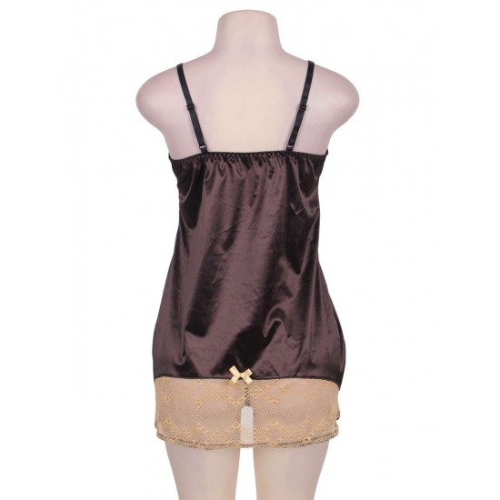 Satin Gold Lace Detail Brown Babydoll