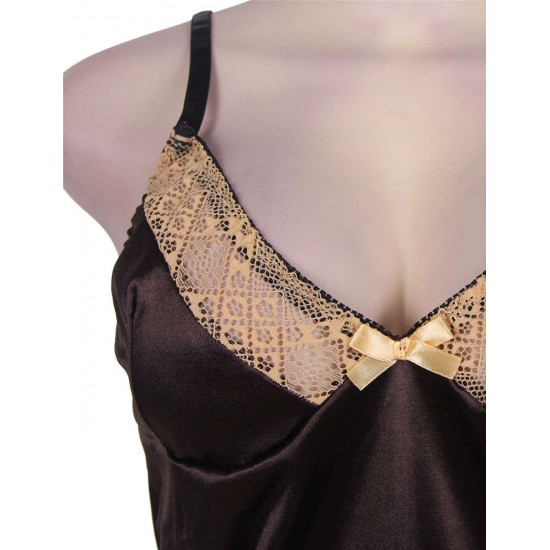 Satin Gold Lace Detail Brown Babydoll