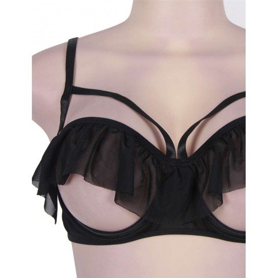 Open Cup Ruffle Black Bra And Panty Set