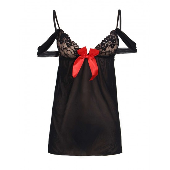 Red Bow Black Mesh Lace Cup Babydoll