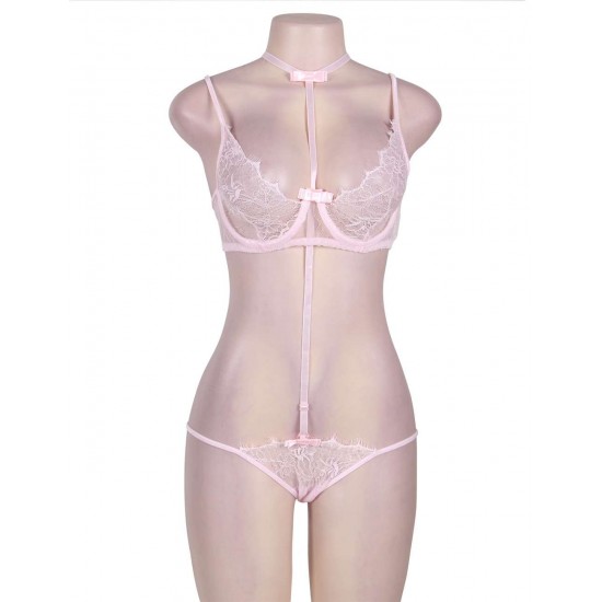 Strappy Pink Lace Bra Set With Mask