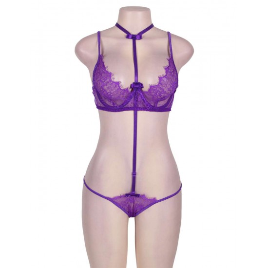 Purple Strappy Lace Bra Set With Mask