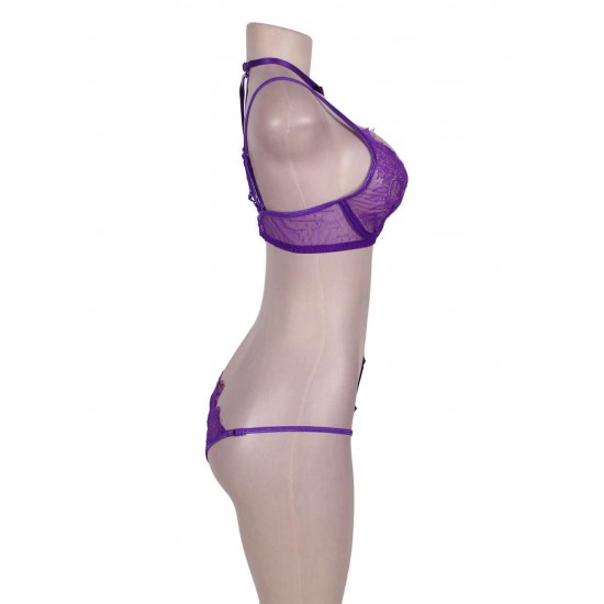 Purple Strappy Lace Bra Set With Mask