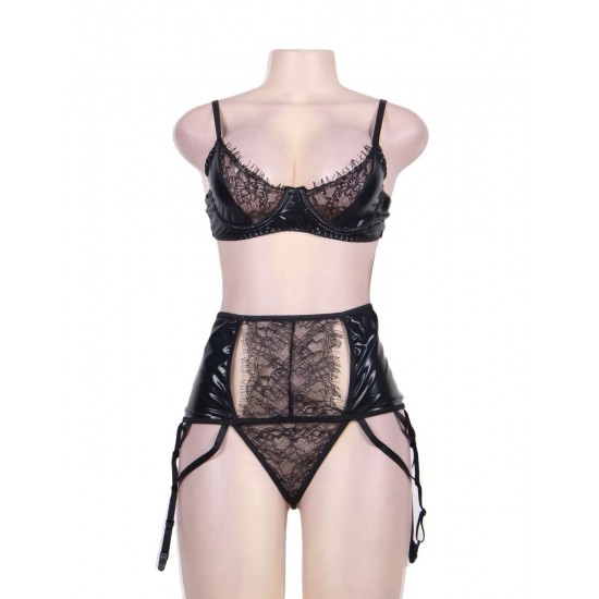 Vinyl Garter And Black Eyelash Lace Bra Set