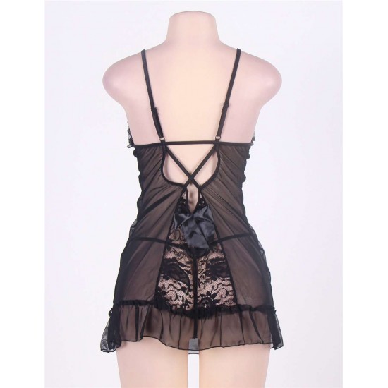 Black Sexy Mesh Scalloped Lace Babydoll