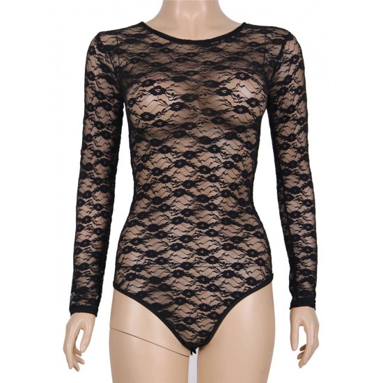 Black Sheer Long Sleeve Lace Teddy