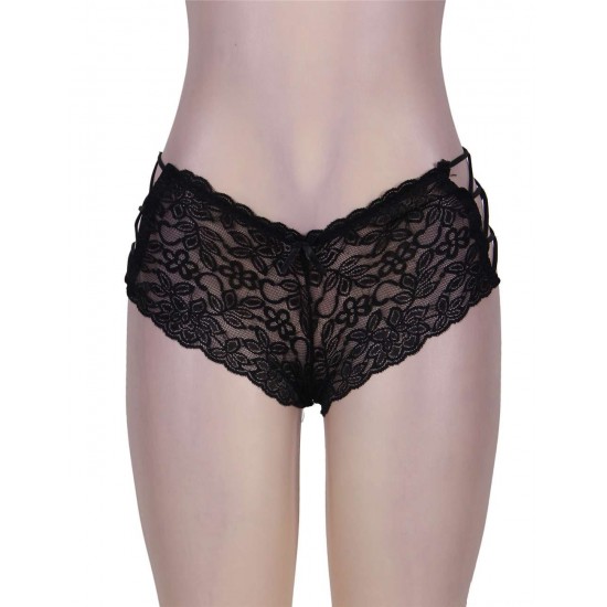 Sexy Black High Waist Floral Lace Strappy Panty 