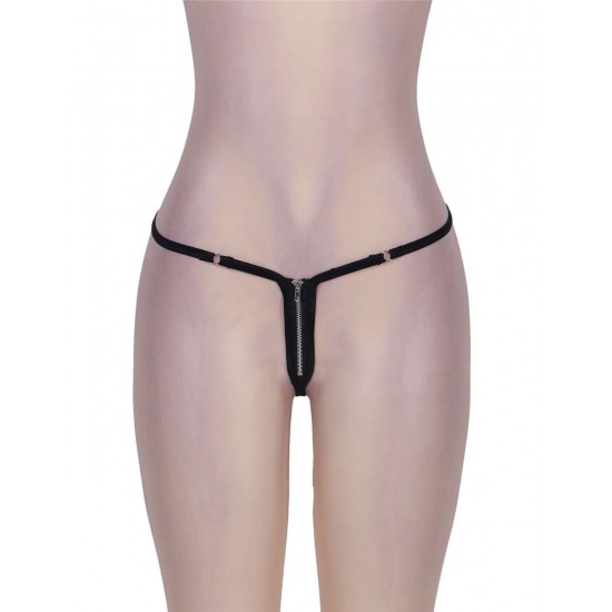 Zip Front Sexy Black Thong Knickers