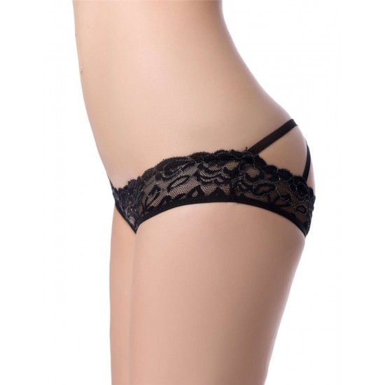 Black Caged Back Open Crotch Lace Panty