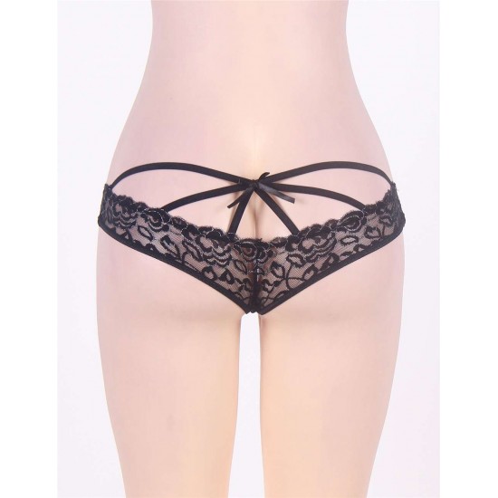 Black Caged Back Open Crotch Lace Panty