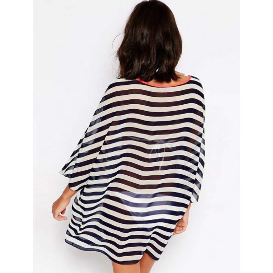 Kimono Sleeve Chiffon Black  White Striped Beachwear