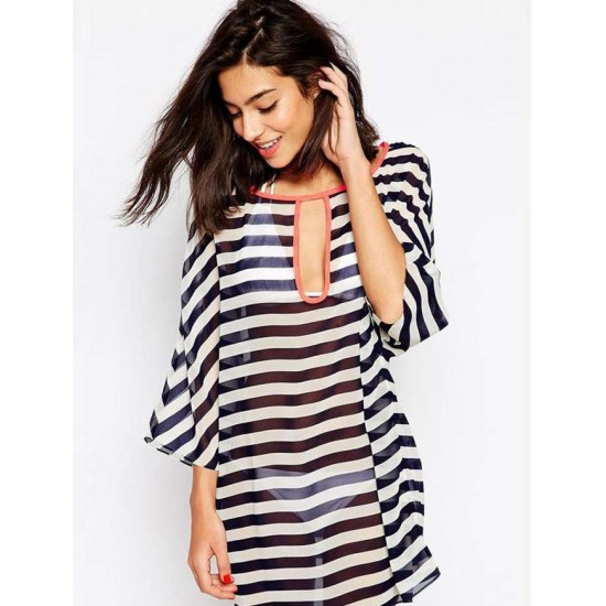 Kimono Sleeve Chiffon Black  White Striped Beachwear