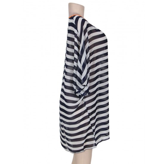 Kimono Sleeve Chiffon Black  White Striped Beachwear