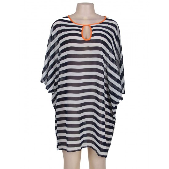 Kimono Sleeve Chiffon Black  White Striped Beachwear