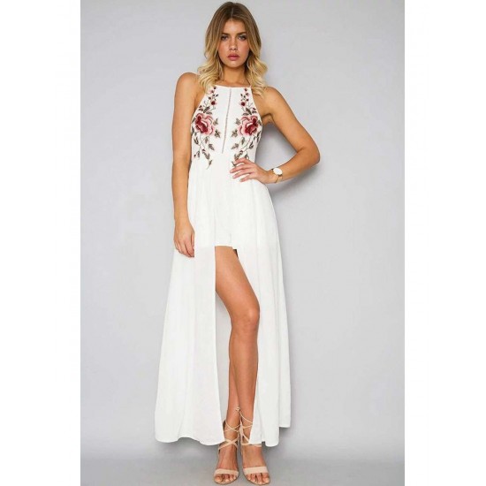 Elegant White Embroidery Backless Long Dress