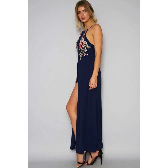 Elegant Dark Blue Embroidery Backless Long Dress