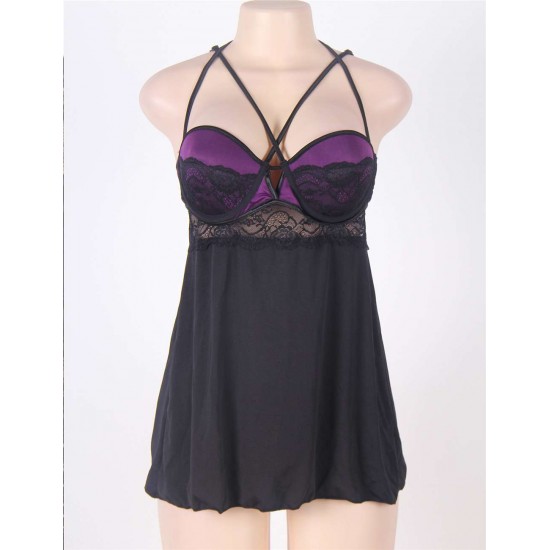 Purple Microfiber Lace Stitching Halter Babydoll