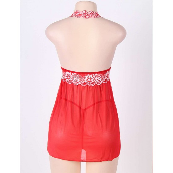 Red Lace stitching Halter Open Back Sleepwear 