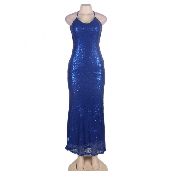 Blue Sequin Backless Evening Dress