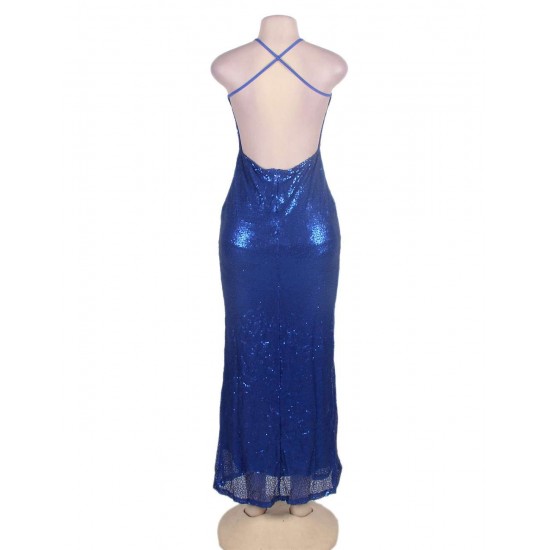 Blue Sequin Backless Evening Dress