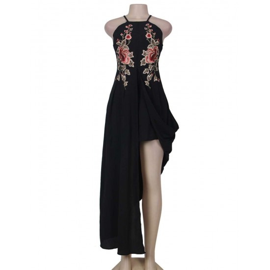 Black Elegant Embroidery Backless Long Dress