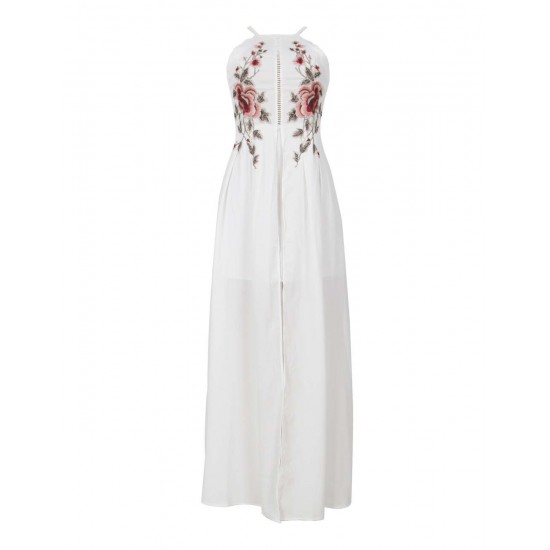 Elegant White Embroidery Backless Long Dress