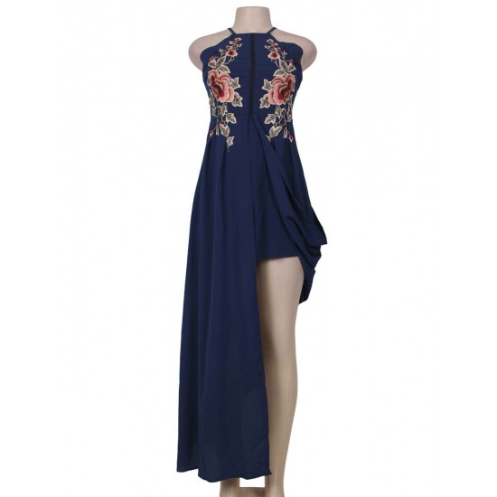 Elegant Dark Blue Embroidery Backless Long Dress