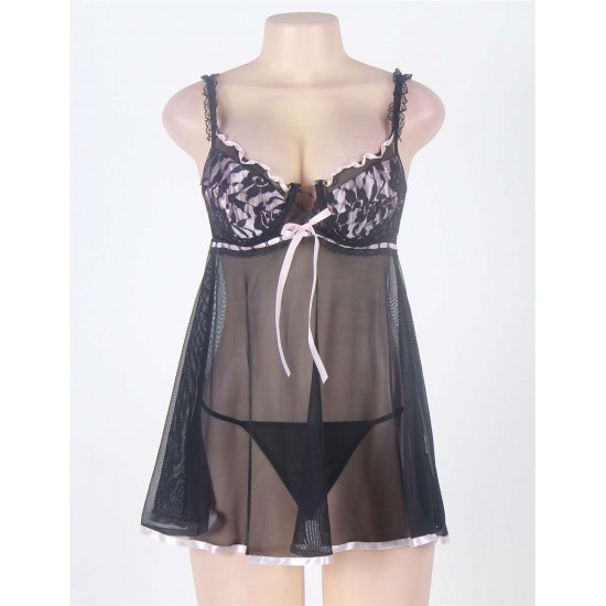 Black Sheer Lace Plus Size Babydoll With Pink Ribbon