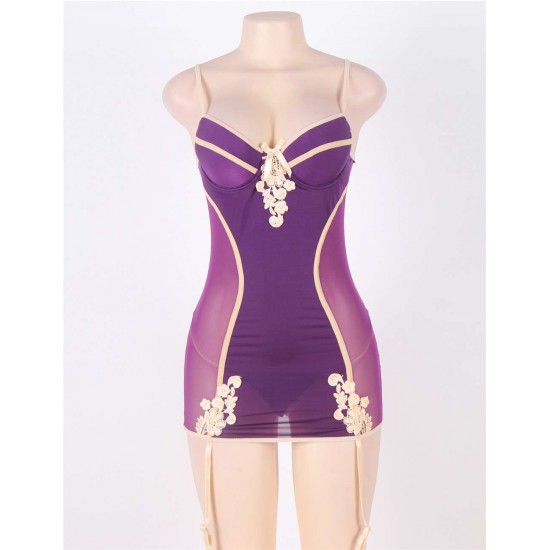 Purple Plus Size Chemise With White Embroidered Flower