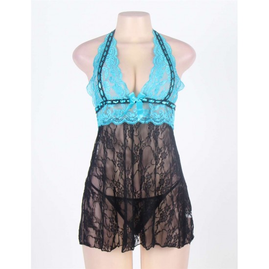 Sexy Halter Sheer Blue And Black Lace Babydoll