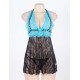 Sexy Halter Sheer Blue And Black Lace Babydoll