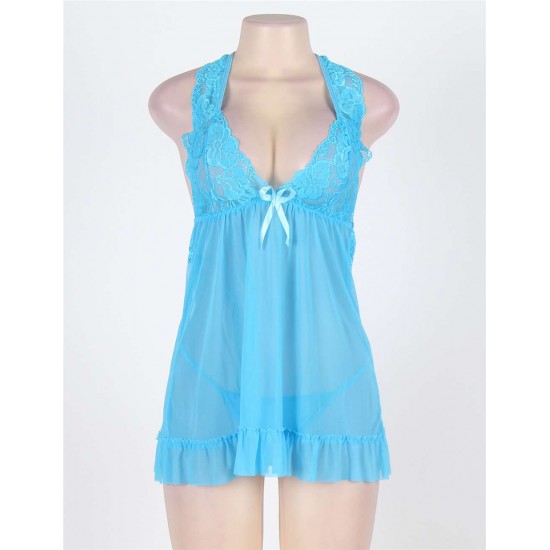 Elegant Light Blue Open Back Lace Chemise