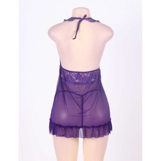 Plus Size Purple Halter Transparent Babydoll