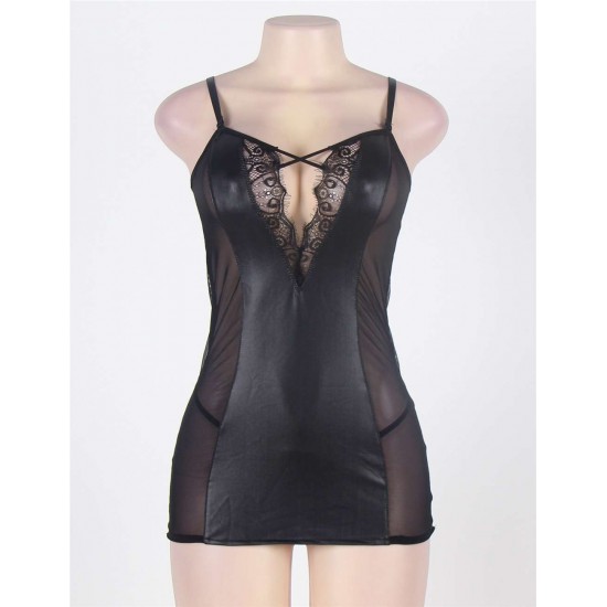 Black Leather Chemise With Lace Eyelash