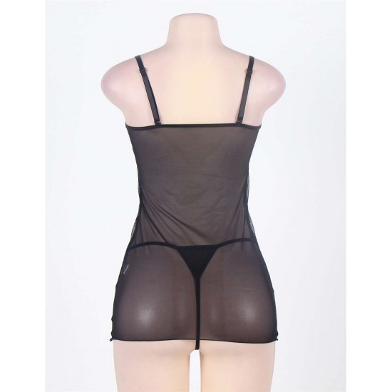 Black Plus Size Leather Chemise With Lace Eyelash